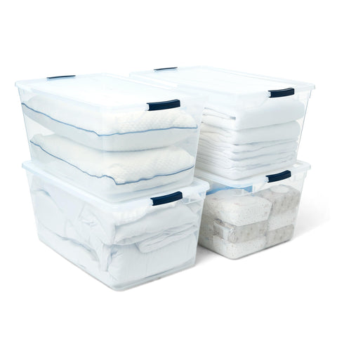Rubbermaid Cleverstore front view showing four clear bins for fast content visibility