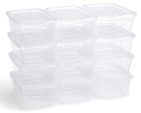 Rubbermaid front view of 12‑pack showing uniform clear bins for tidy storage