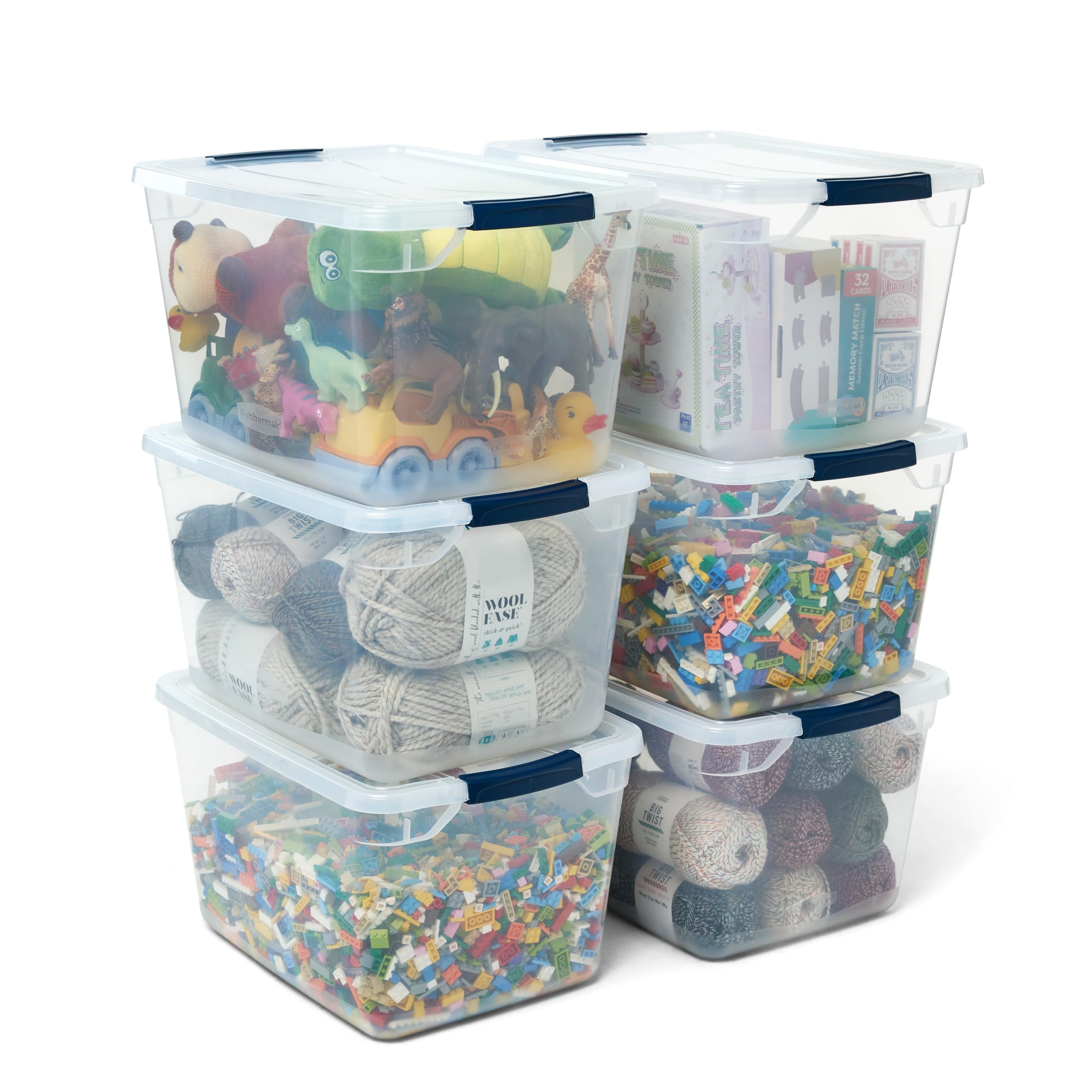Rubbermaid Cleverstore front view showing clear bin and lid for easy identification