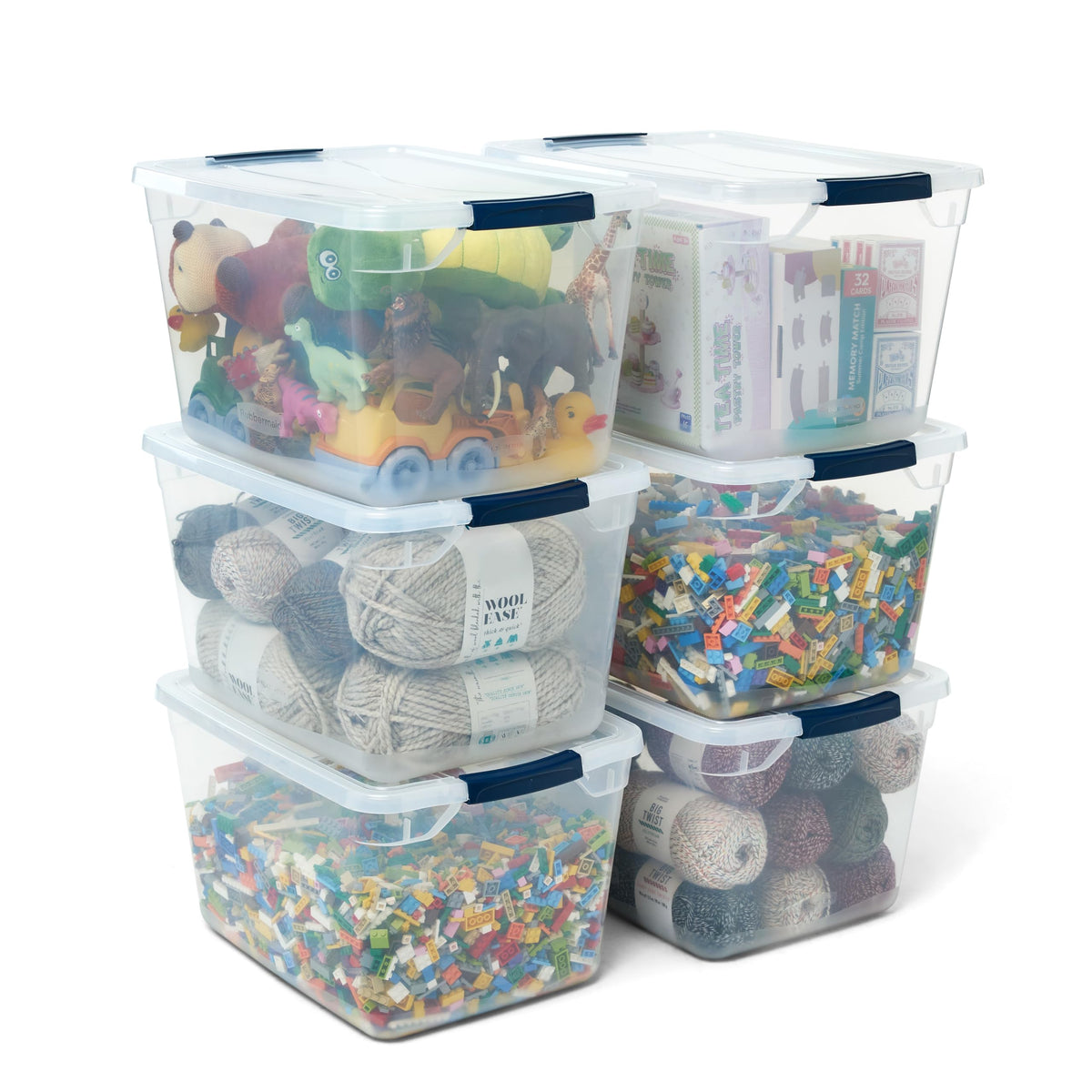 Rubbermaid Cleverstore front view showing clear bin and lid for easy identification