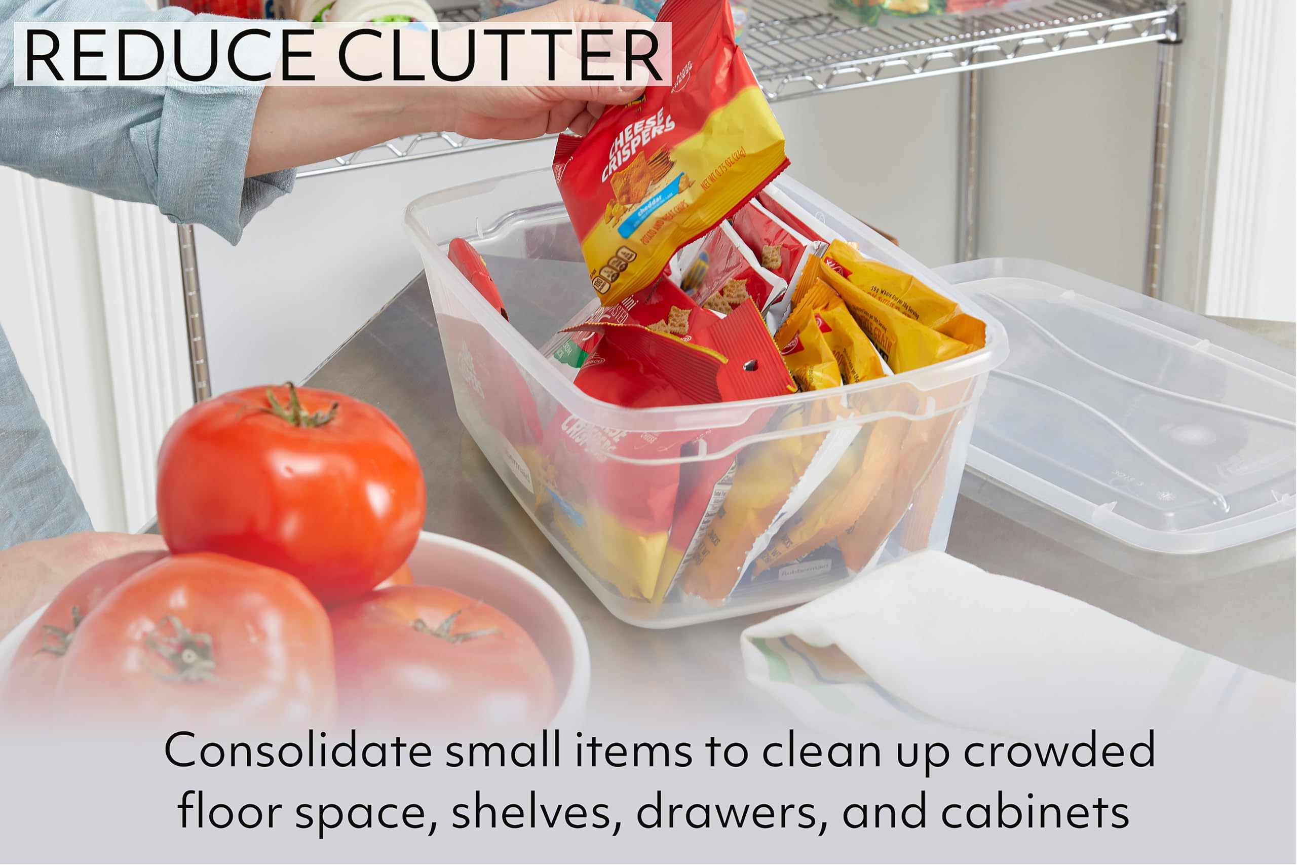 Rubbermaid bins organized inside kitchen cabinet for easy pantry access