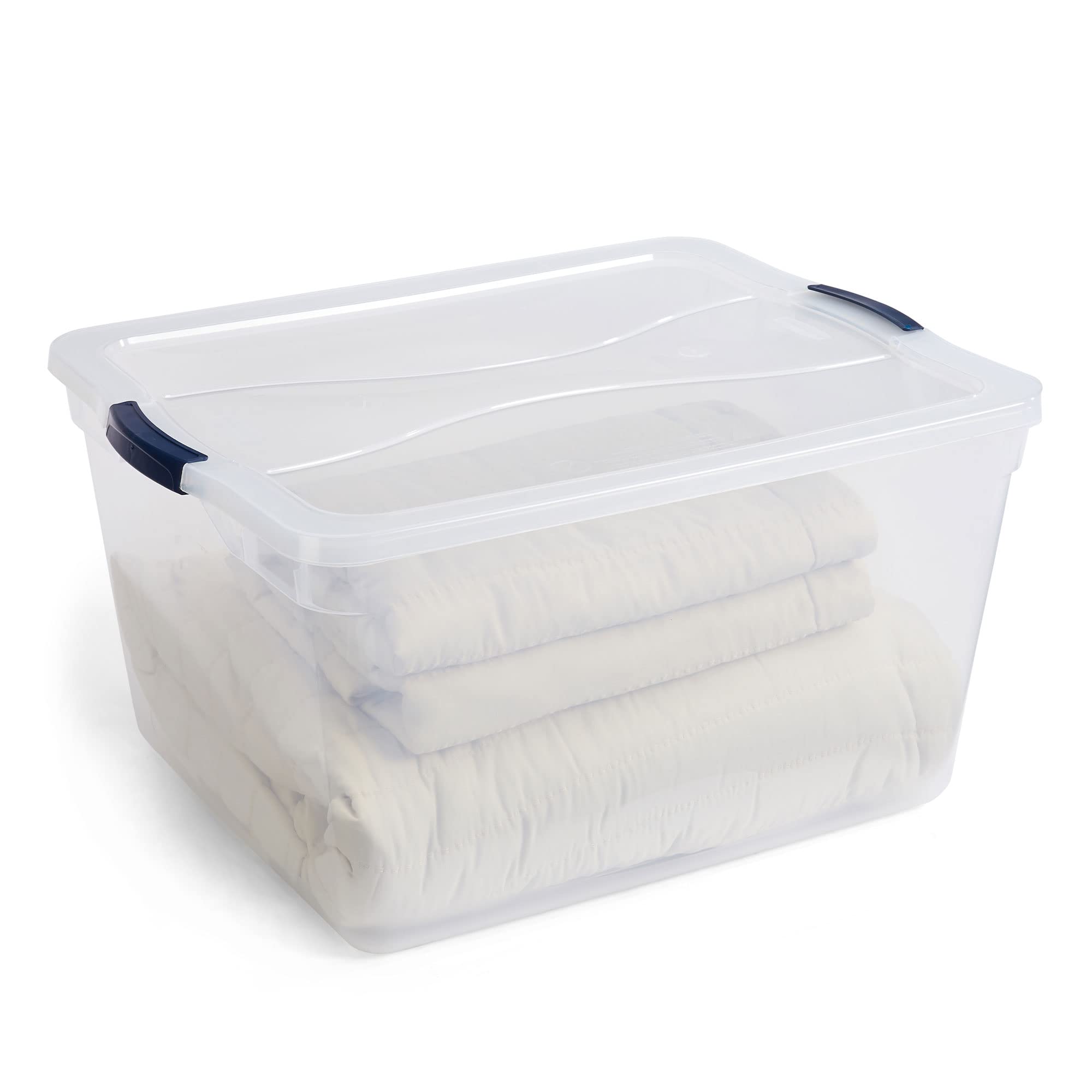 Rubbermaid bin in closet in use for easy item identification benefit