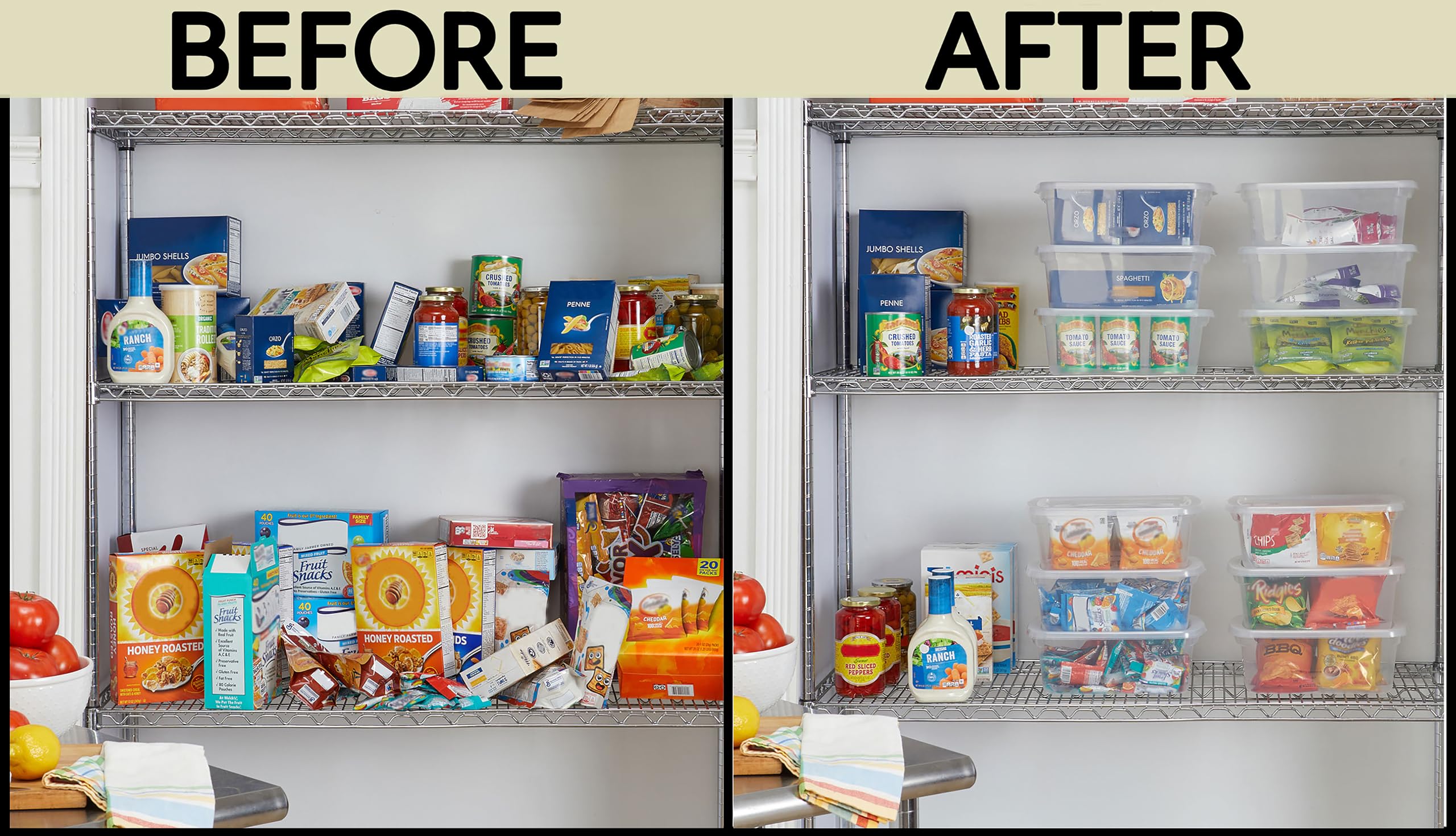Rubbermaid stacked bins on shelf maximizing vertical storage and stability
