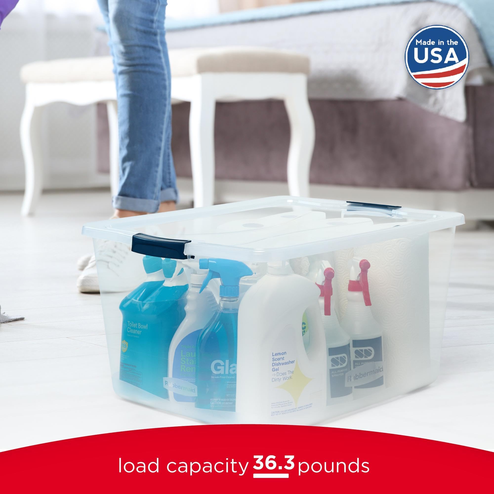 Rubbermaid stacked bins on shelf maximizing vertical storage benefit