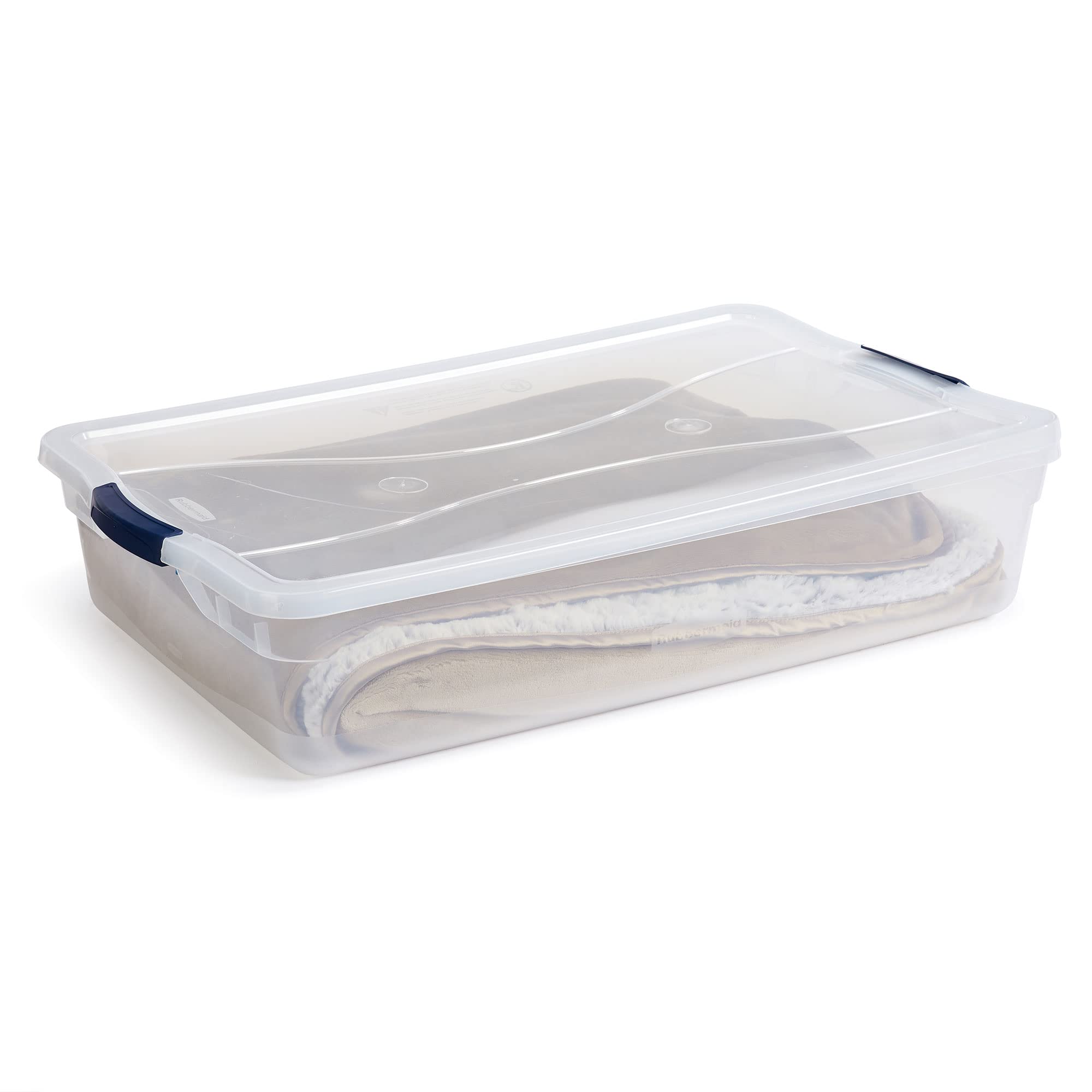 Rubbermaid bin slid under a bed illustrating low-profile fit benefit