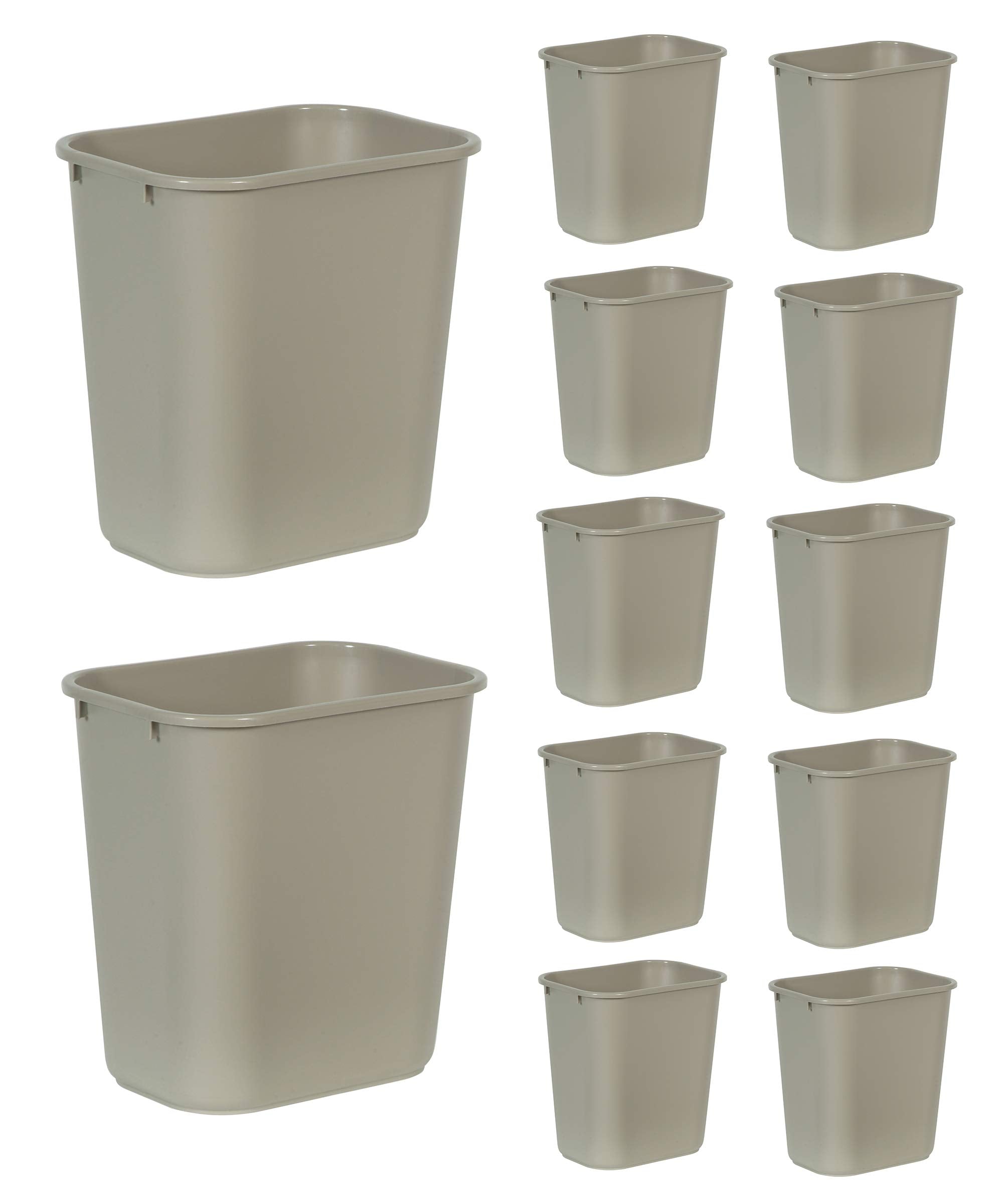 Rubbermaid Commercial beige wastebasket front view shows compact design and durable finish
