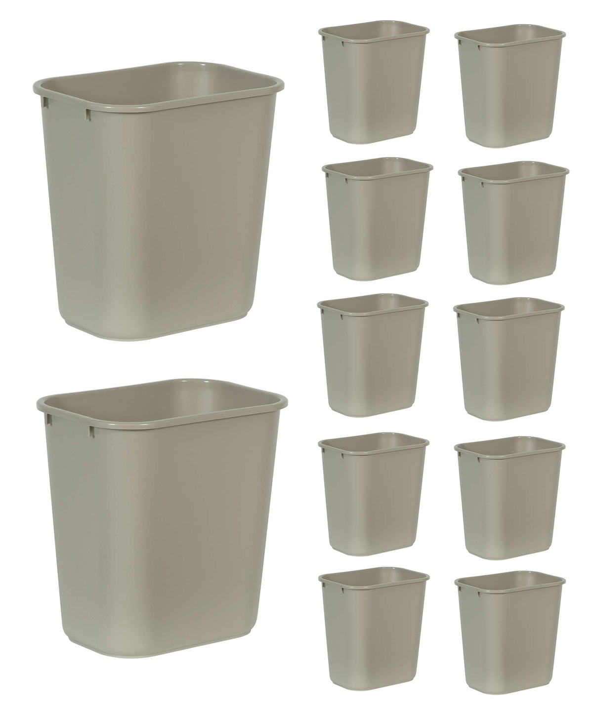 Rubbermaid Commercial beige wastebasket front view shows compact design and durable finish