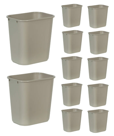 Rubbermaid Commercial beige wastebasket front view shows compact design and durable finish