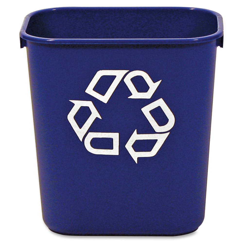 Rubbermaid Commercial front view deskside recycling bin shows compact design and space-saving benefit