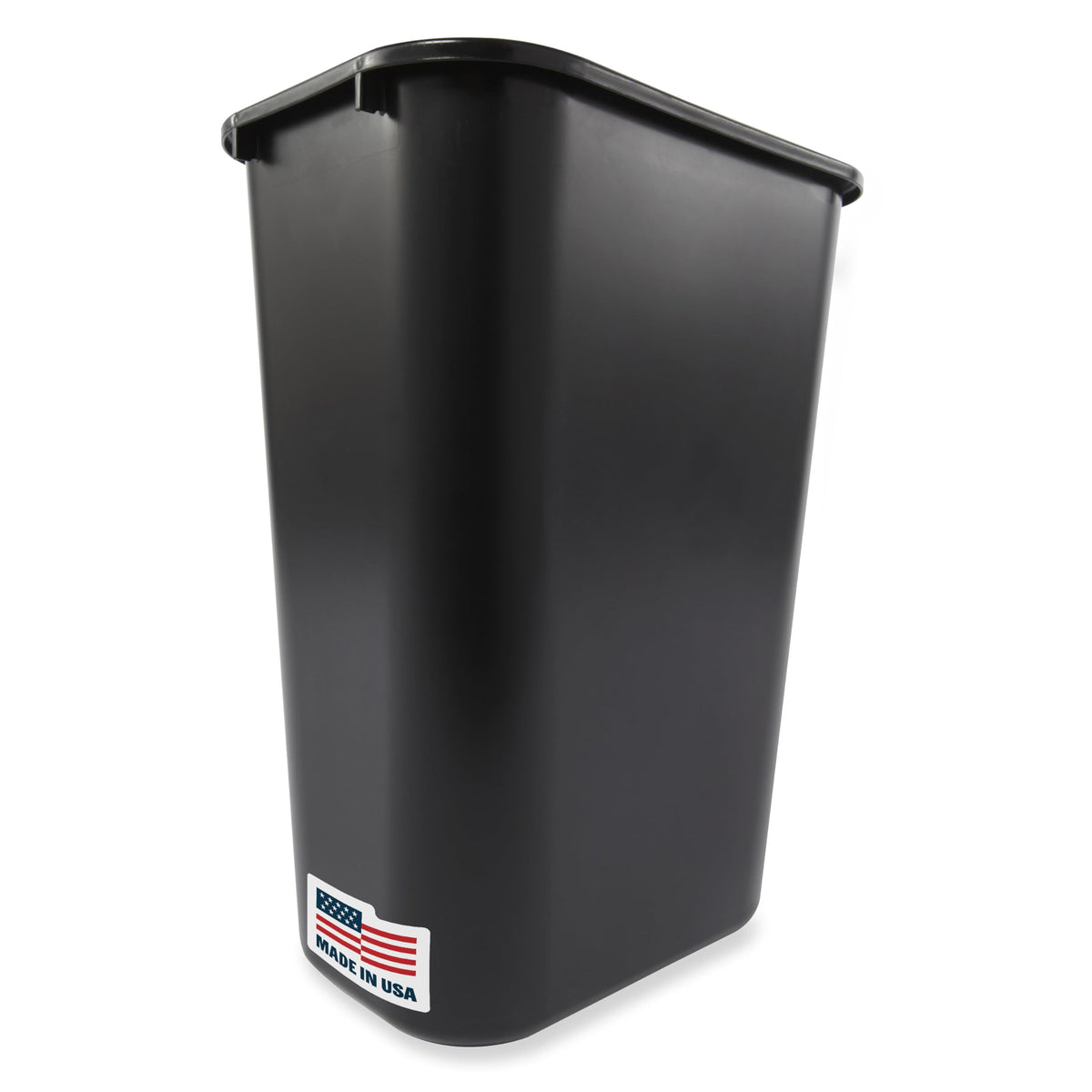 Rubbermaid Commercial front view of black deskside wastebasket shows compact footprint and durability