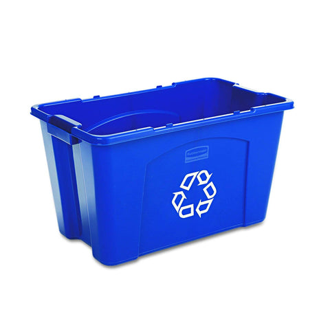 Rubbermaid Commercial front view of six blue recycling bins showing capacity and pack benefit