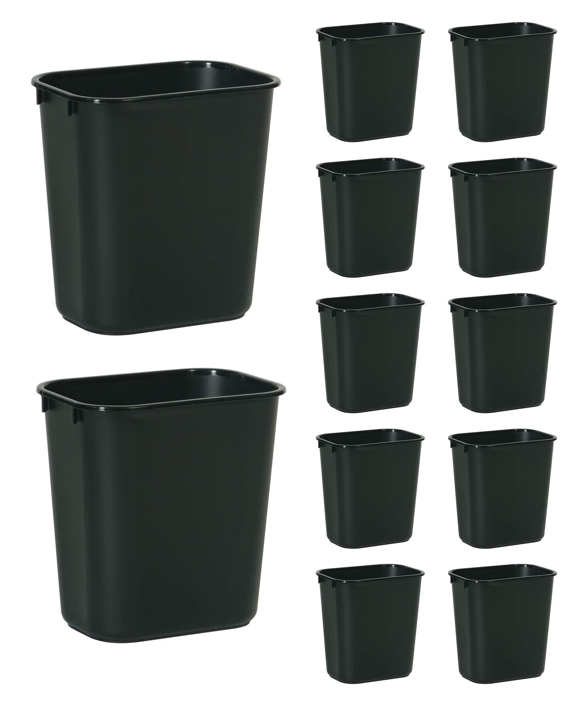 Rubbermaid Commercial front view black wastebasket showing compact footprint and tidy look