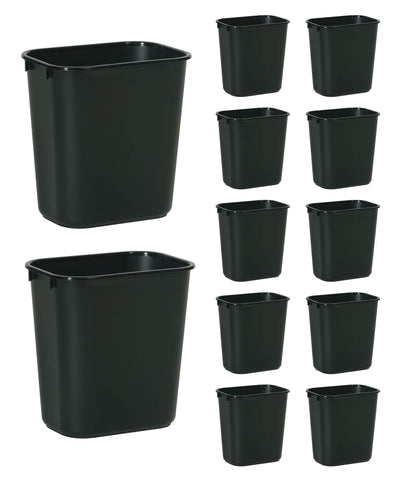 Rubbermaid Commercial front view black wastebasket showing compact footprint and tidy look