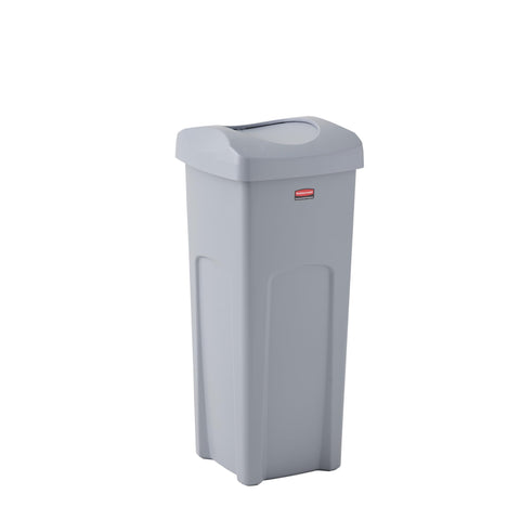 Rubbermaid Commercial front view gray can showing compact footprint and capacity