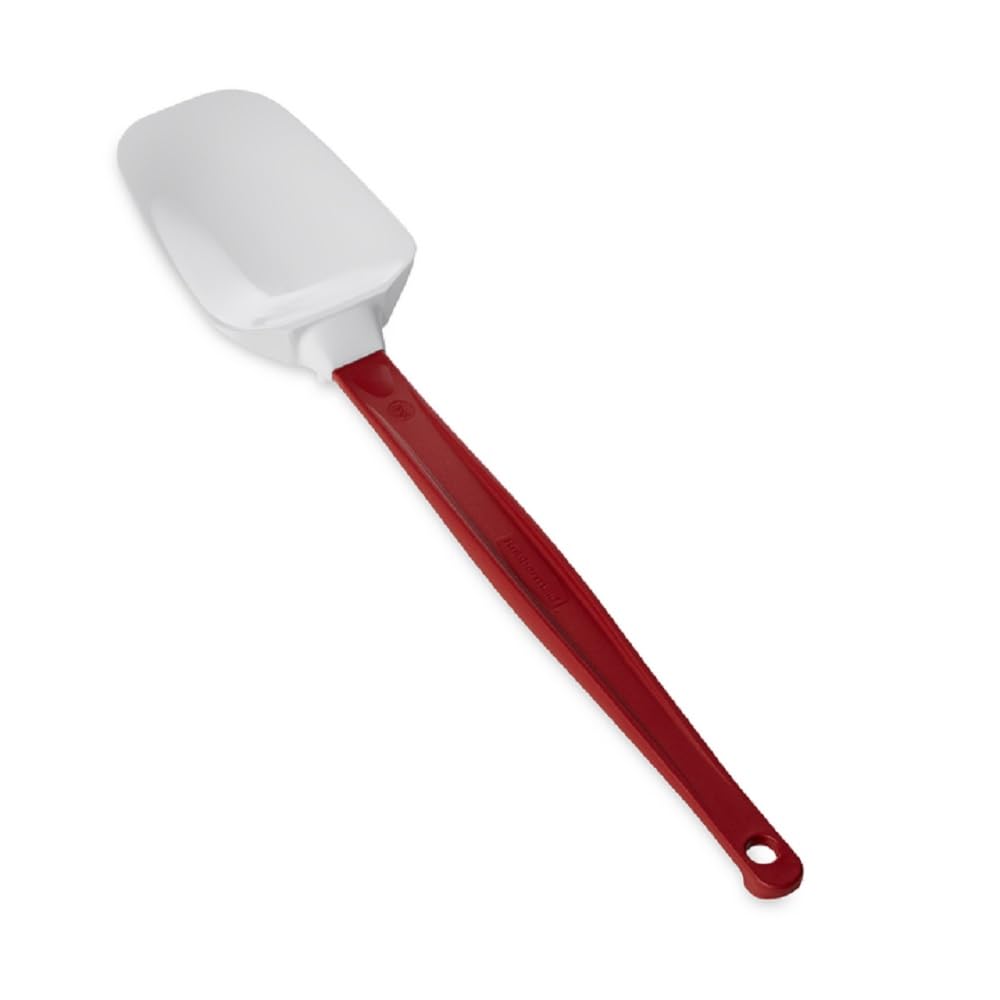 Rubbermaid Commercial front view of red spoon-scraper showing full tool and handle benefit
