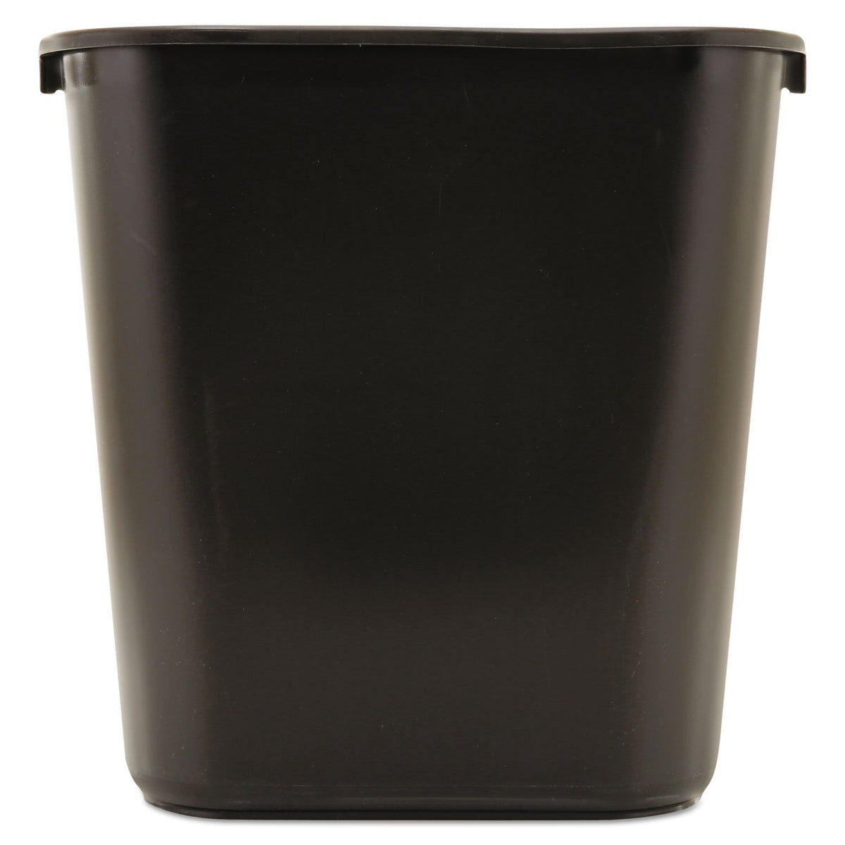 Rubbermaid Commercial Products front view of black 7-gallon wastebasket showing compact fit and professional look