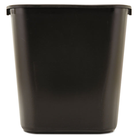 Rubbermaid Commercial Products front view of black 7-gallon wastebasket showing compact fit and professional look