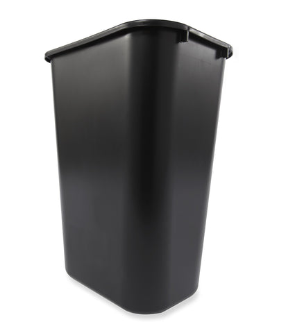 Rubbermaid Commercial wastebasket under desk illustrating space savings and tidy workspace