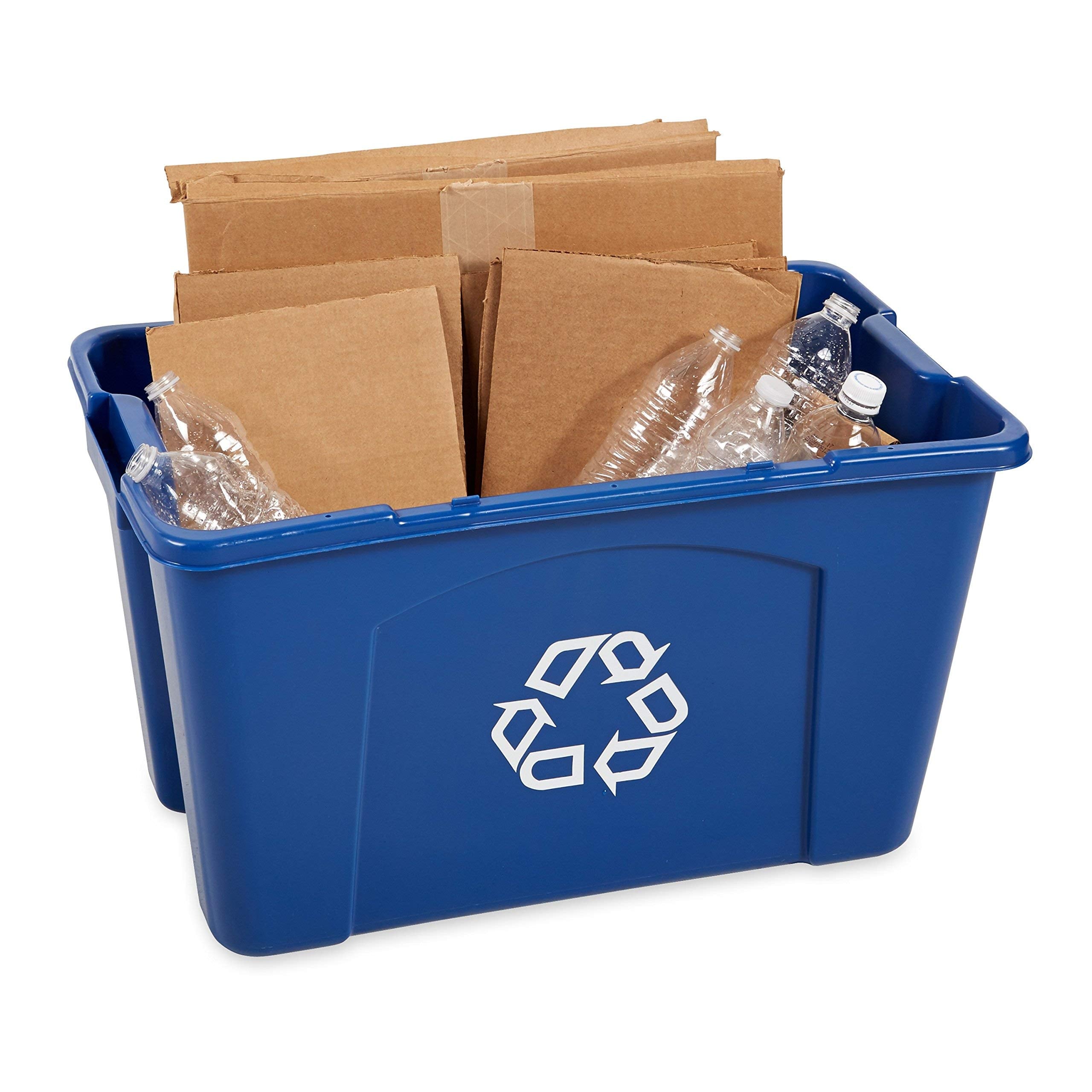 Rubbermaid Commercial bins in an office breakroom demonstrating organized recycling workflow