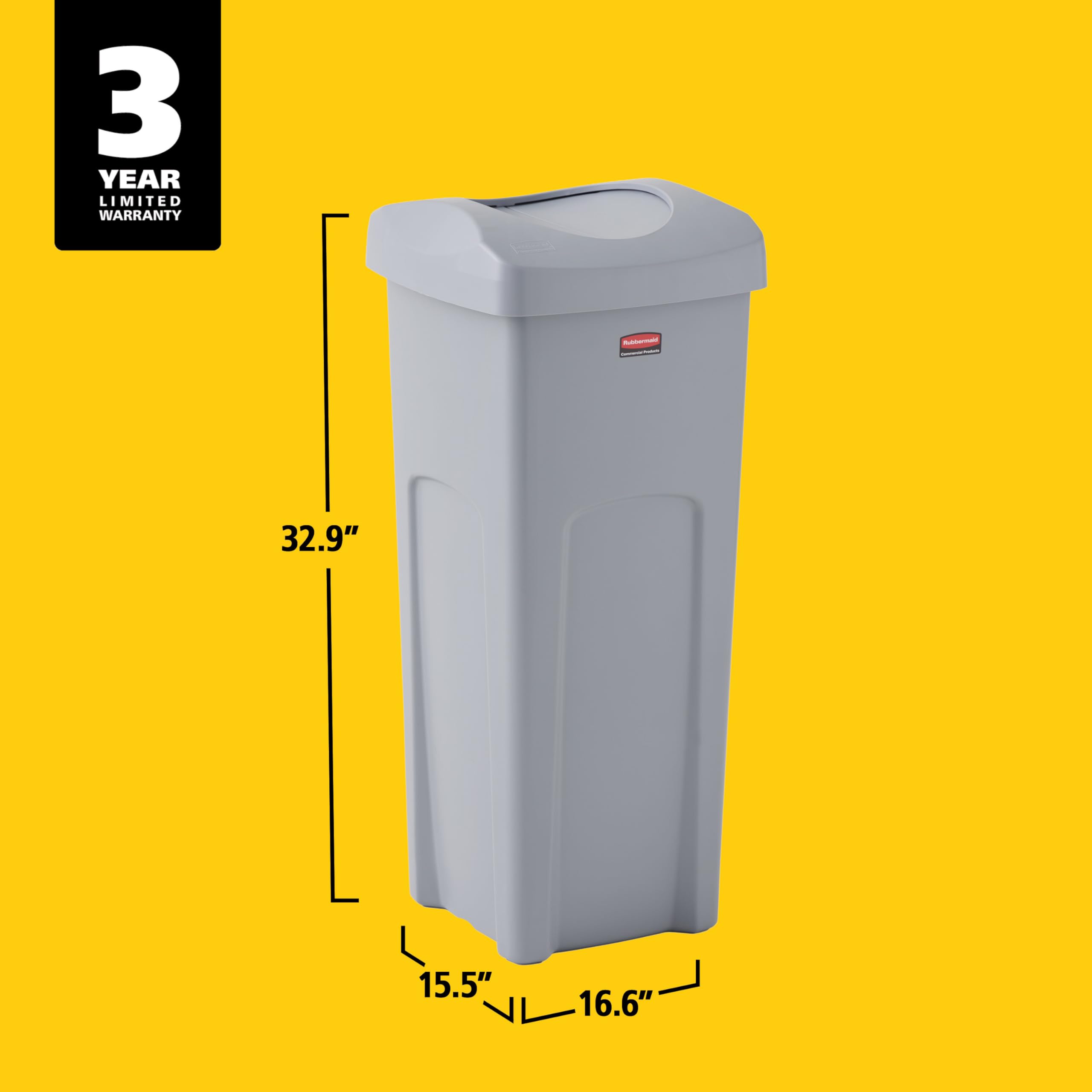 Rubbermaid Commercial next to person showing 23-gallon scale and space-saving shape