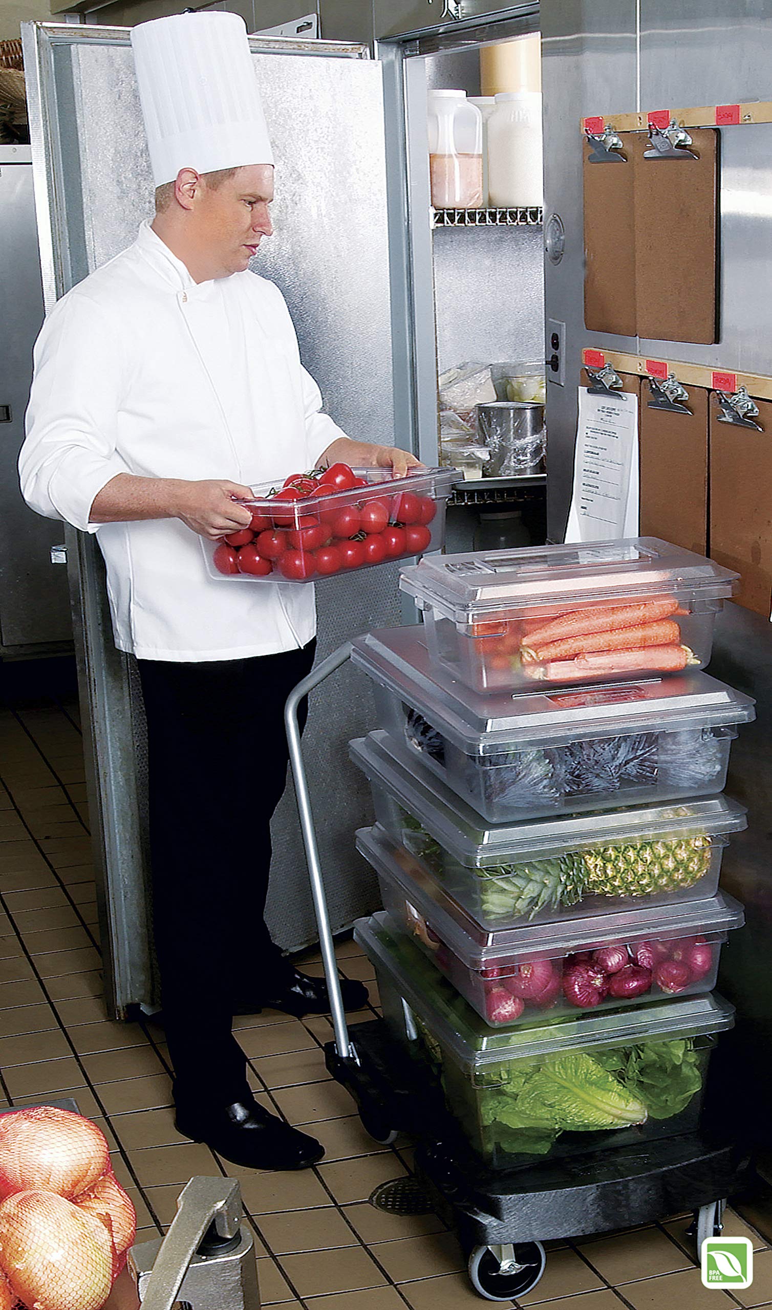 Rubbermaid Commercial beside hand showing scale for planning and fit