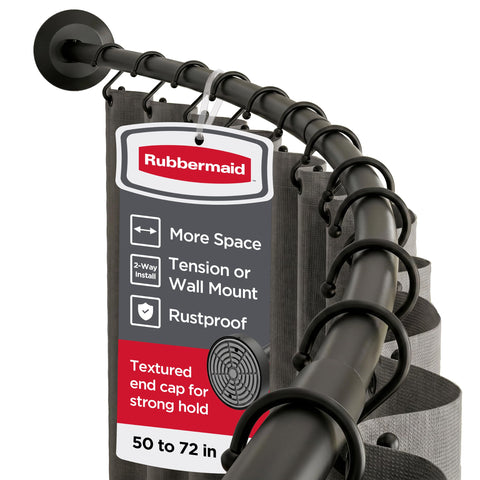 Rubbermaid front view of curved shower rod showing added space benefit