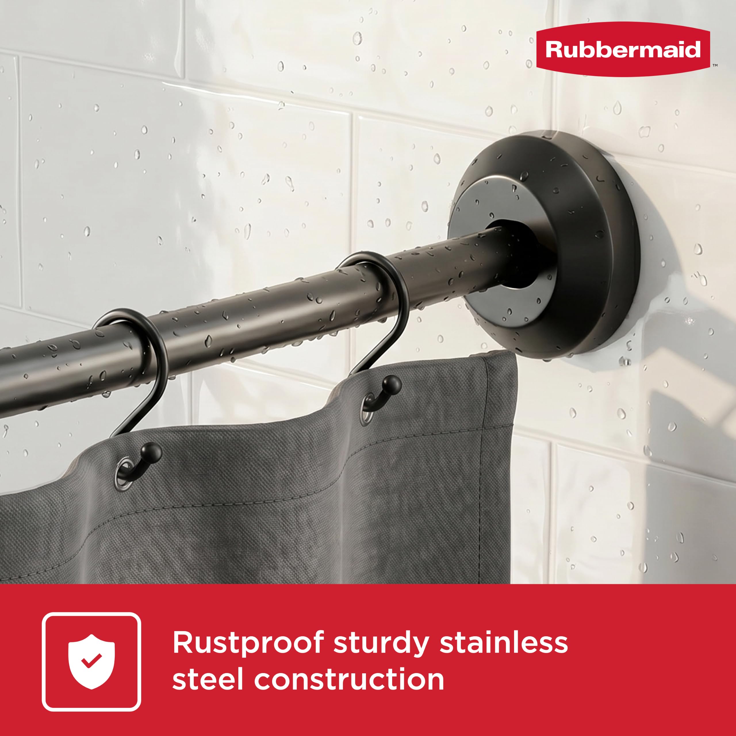 Rubbermaid installed curved rod in bathroom providing more elbow room