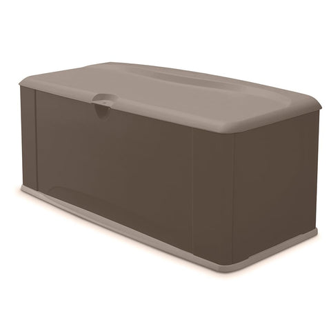 Rubbermaid front view of deck box showing neutral brown finish and storage benefit