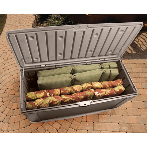 Rubbermaid side profile on patio demonstrating compact placement and durability