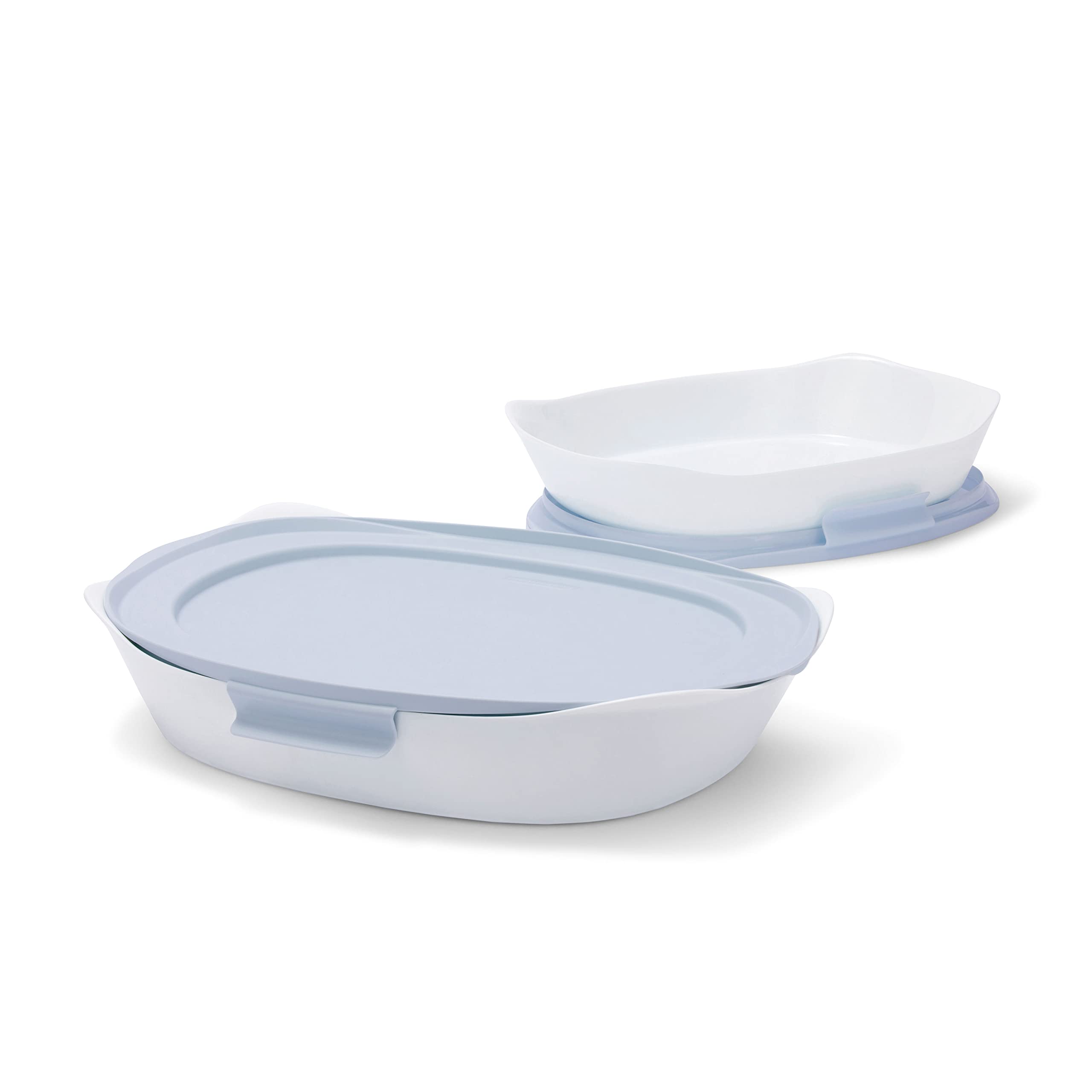 Rubbermaid DuraLite front view showing clear glass dish and lid, easy serving