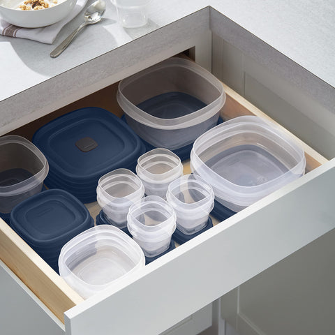 Rubbermaid snapped lids linked together to prevent lost lids and simplify cabinet order