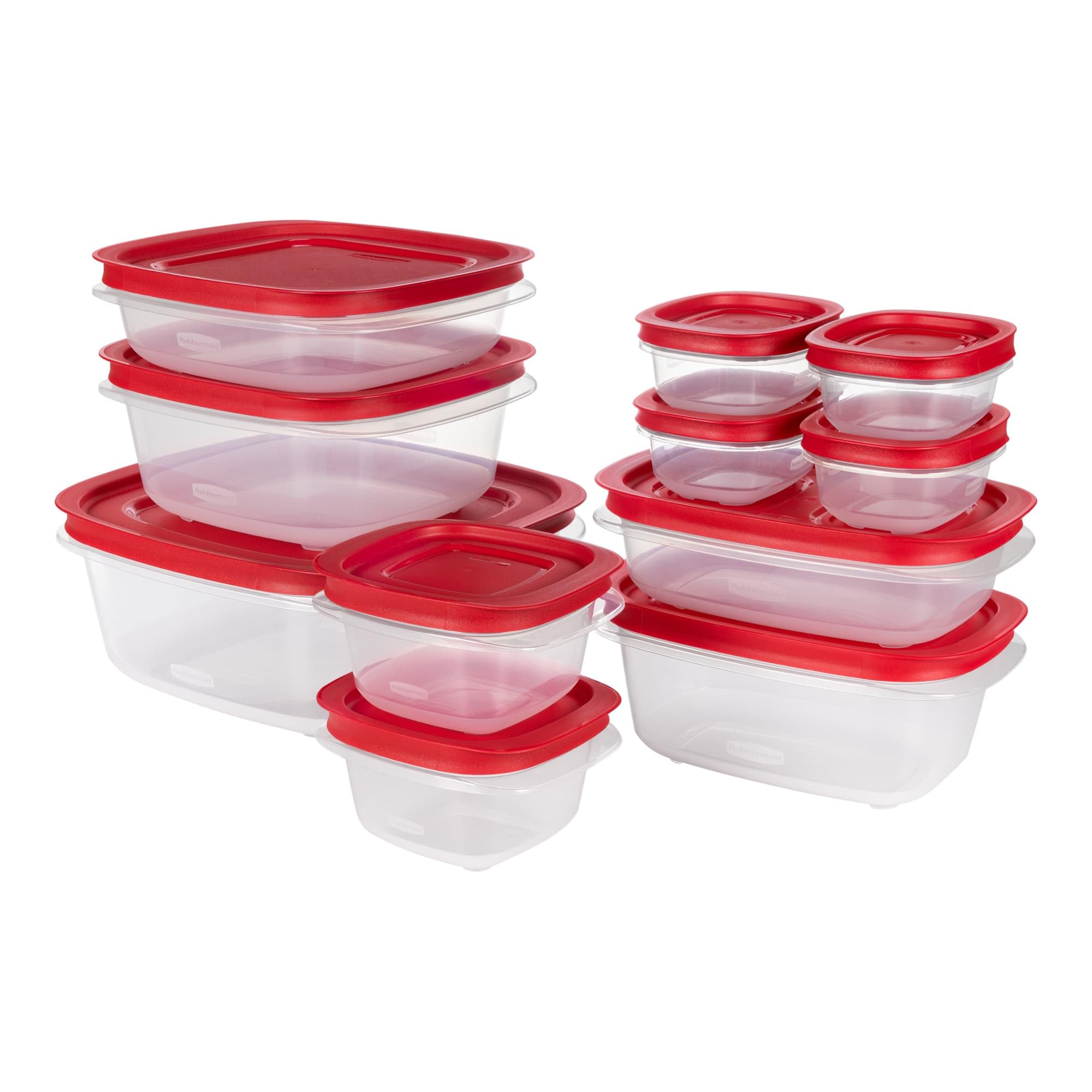 Rubbermaid stacked containers inside fridge showing space-saving benefit