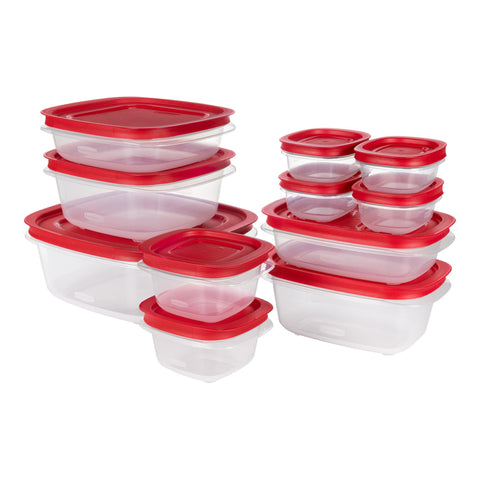 Rubbermaid stacked containers inside fridge showing space-saving benefit