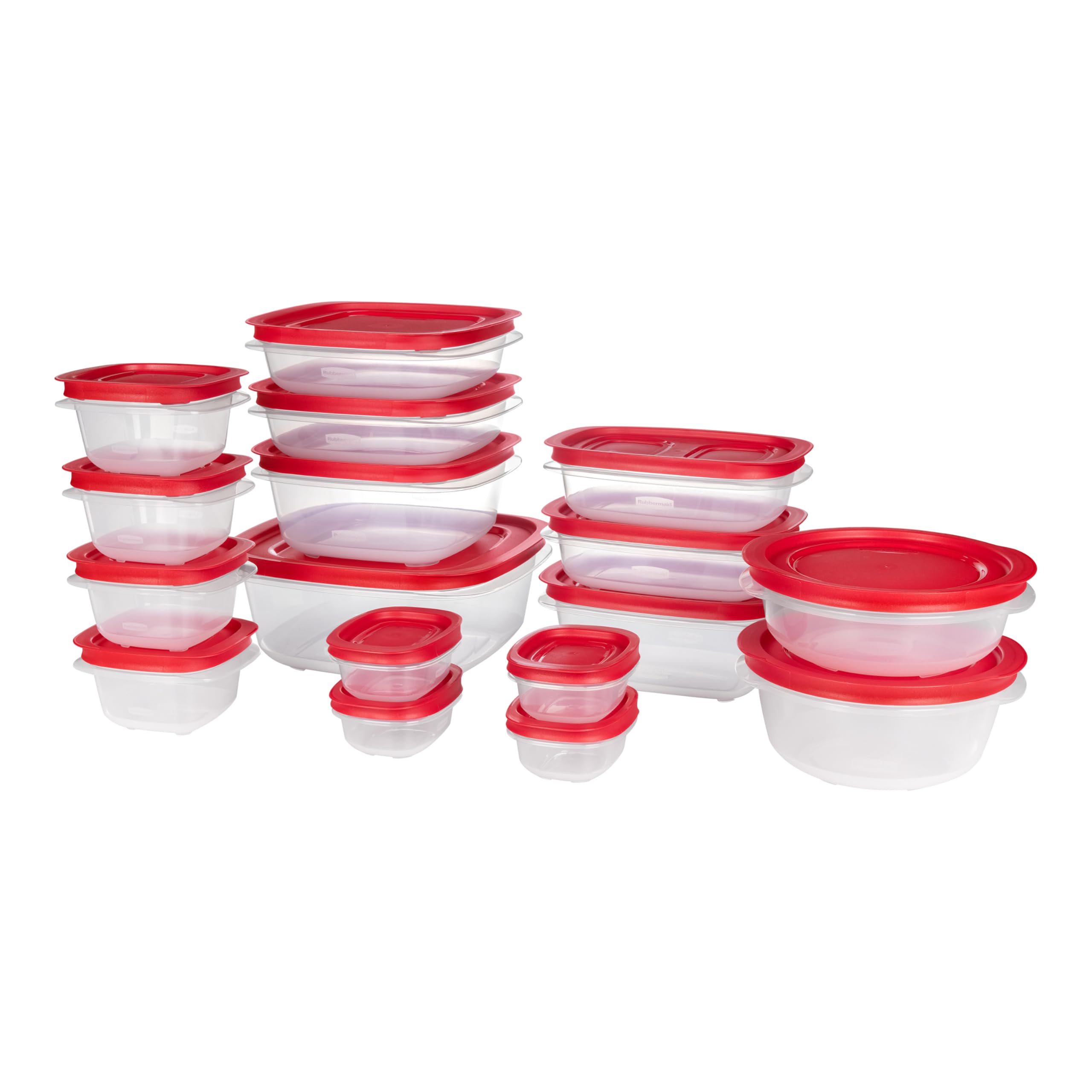 Rubbermaid EasyStore front packaging showing full 34-piece set and benefits