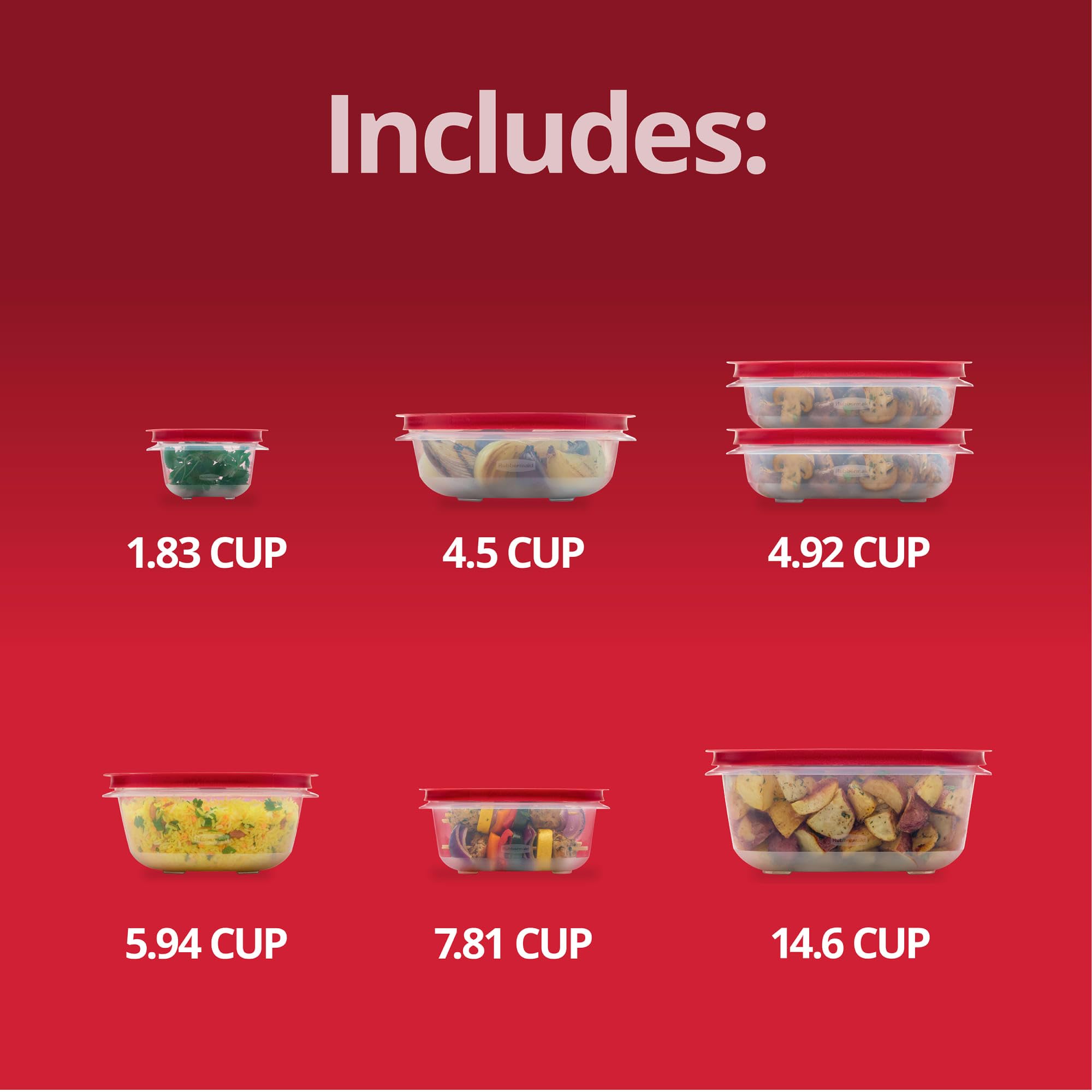 Rubbermaid EasyStore lineup size comparison showing included capacities and portioning benefit