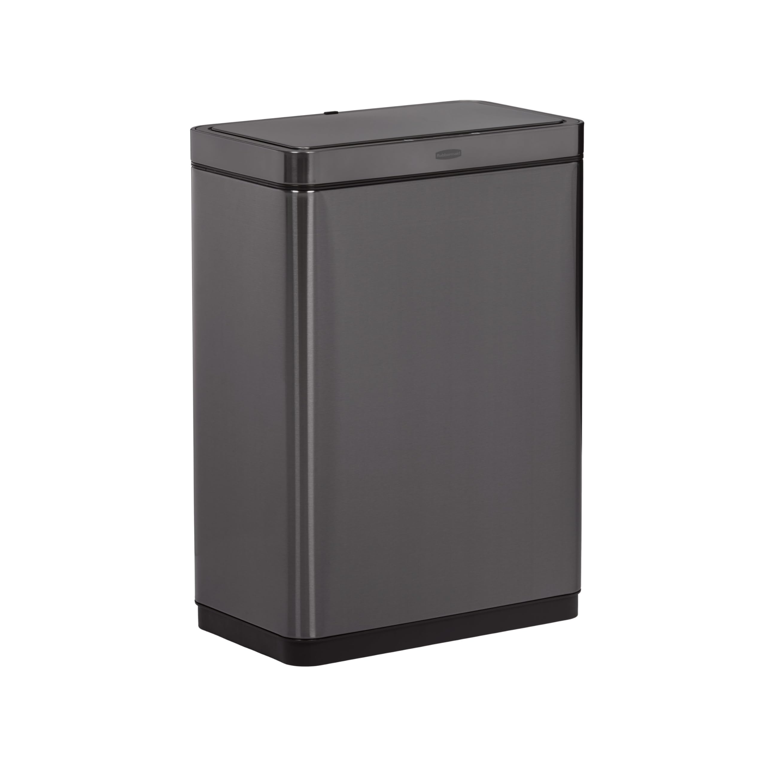 Rubbermaid front view charcoal stainless steel can with clean modern look