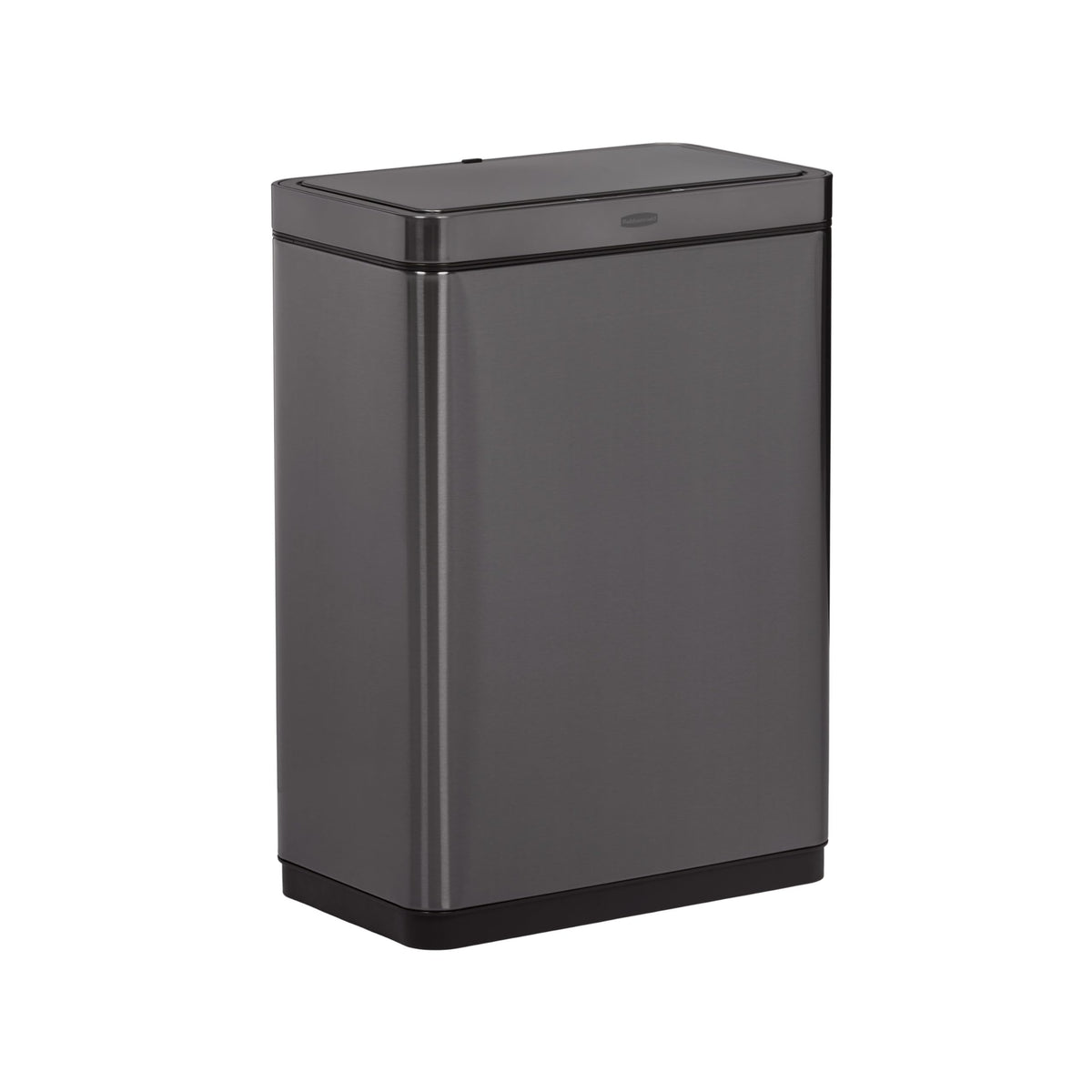 Rubbermaid front view charcoal stainless steel can with clean modern look