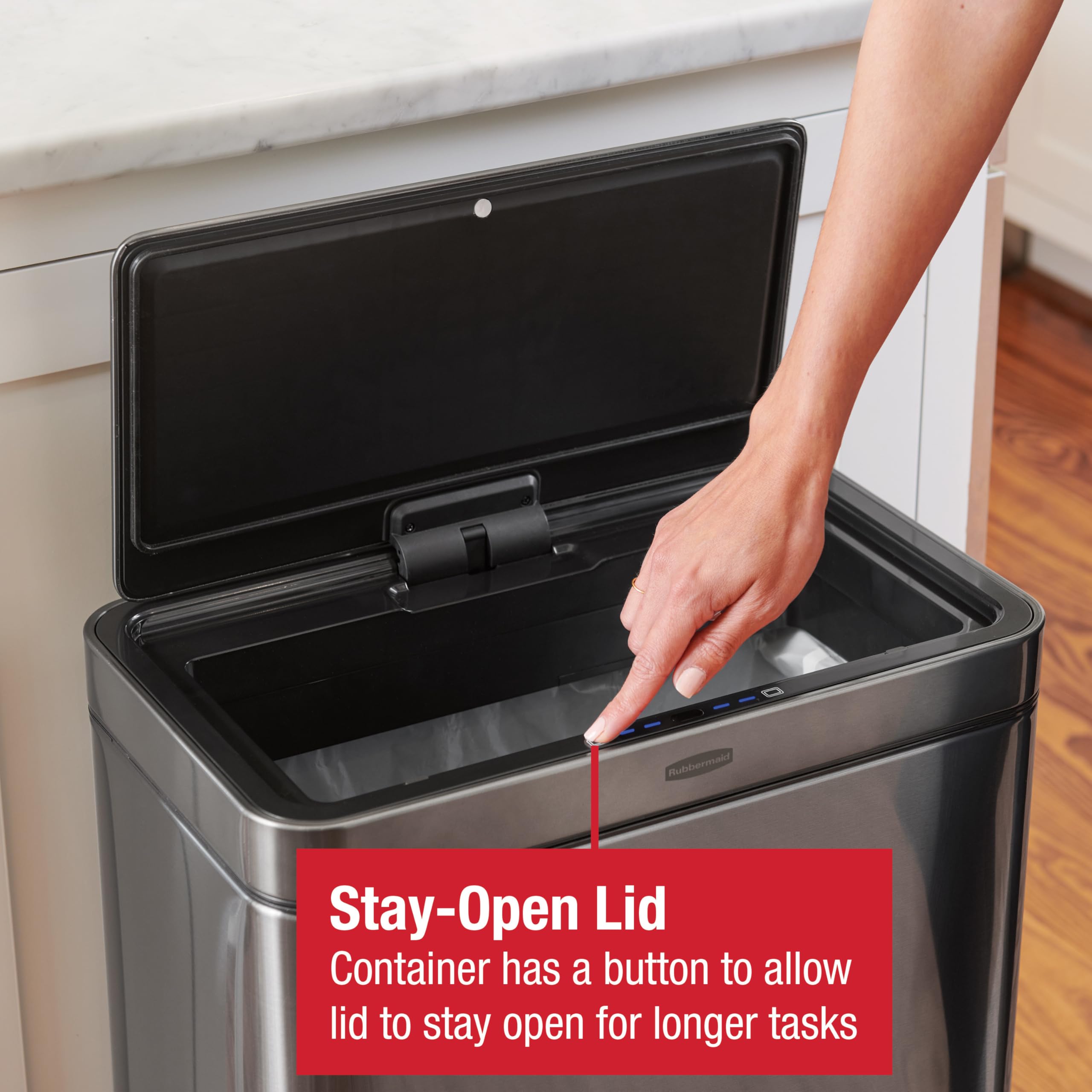 Rubbermaid in kitchen lifestyle showing tidy disposal and practical convenience