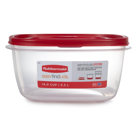 Rubbermaid front view of 14-cup red containers showing packaging and benefit of included lids