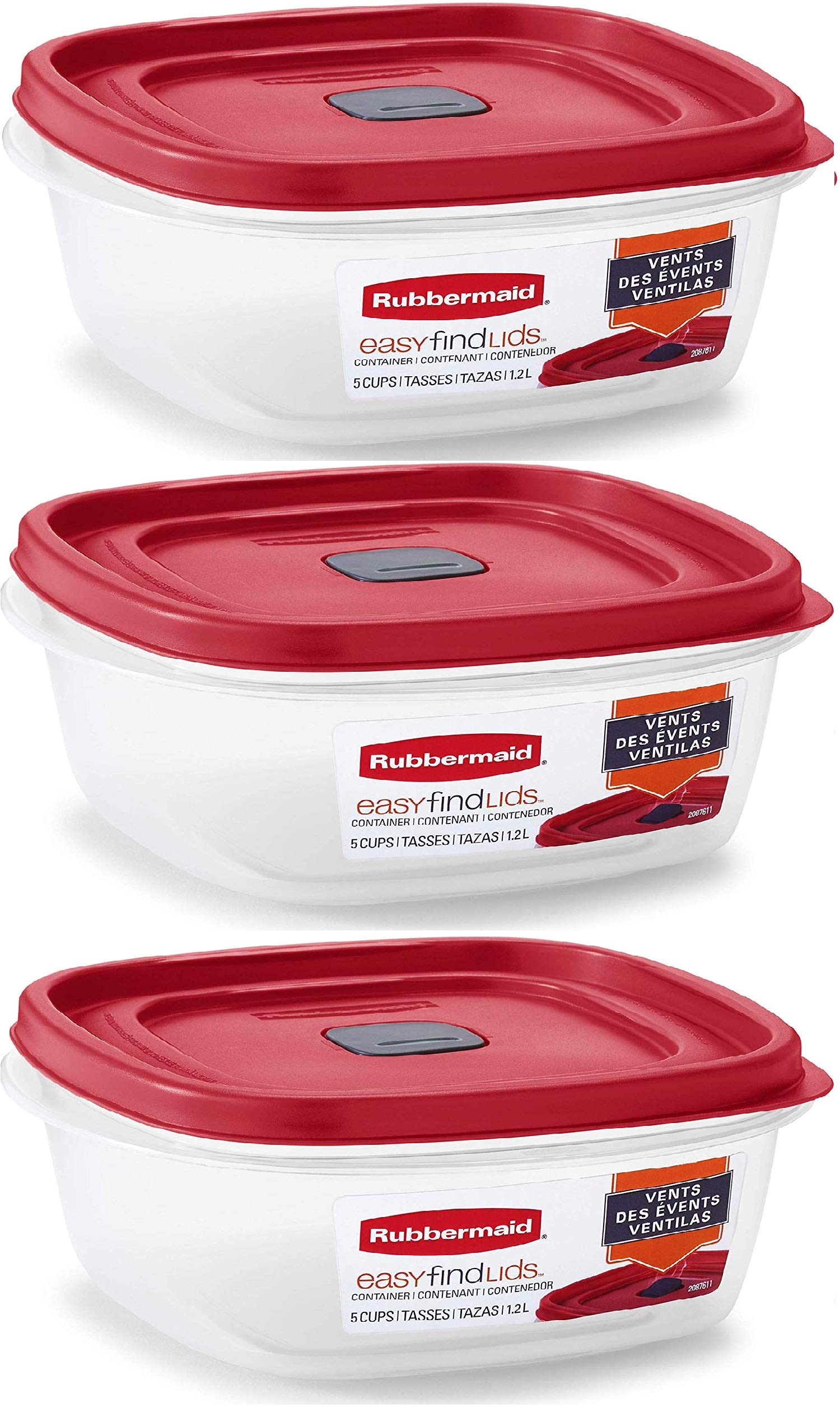 Rubbermaid front packaging showing three 5-cup containers and bright red lids for easy identification