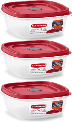 Rubbermaid front packaging showing three 5-cup containers and bright red lids for easy identification