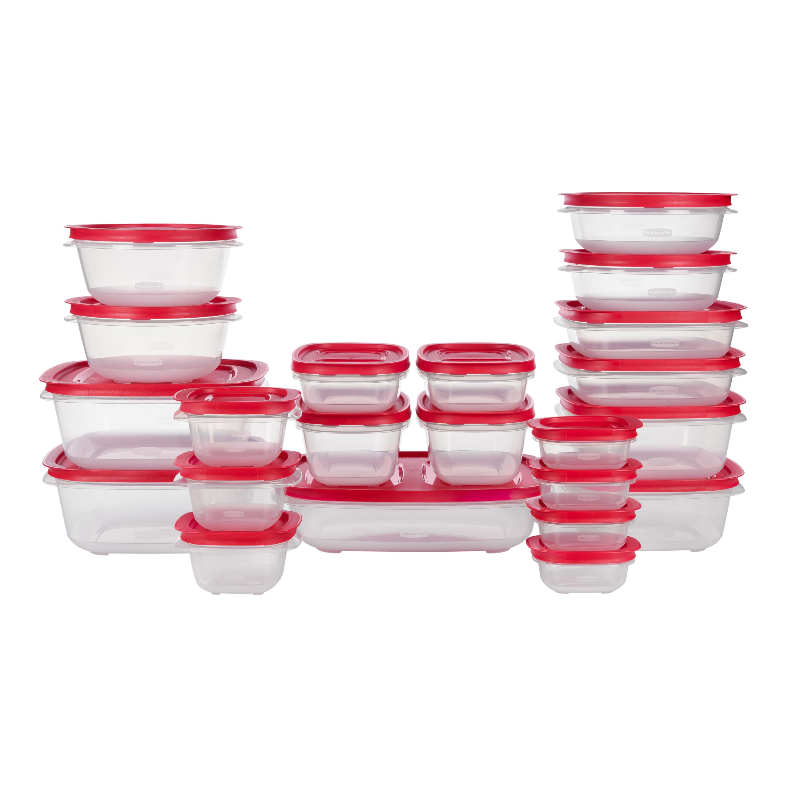 Rubbermaid front packaging of EasyStore 44-piece set showing contents and benefit of variety