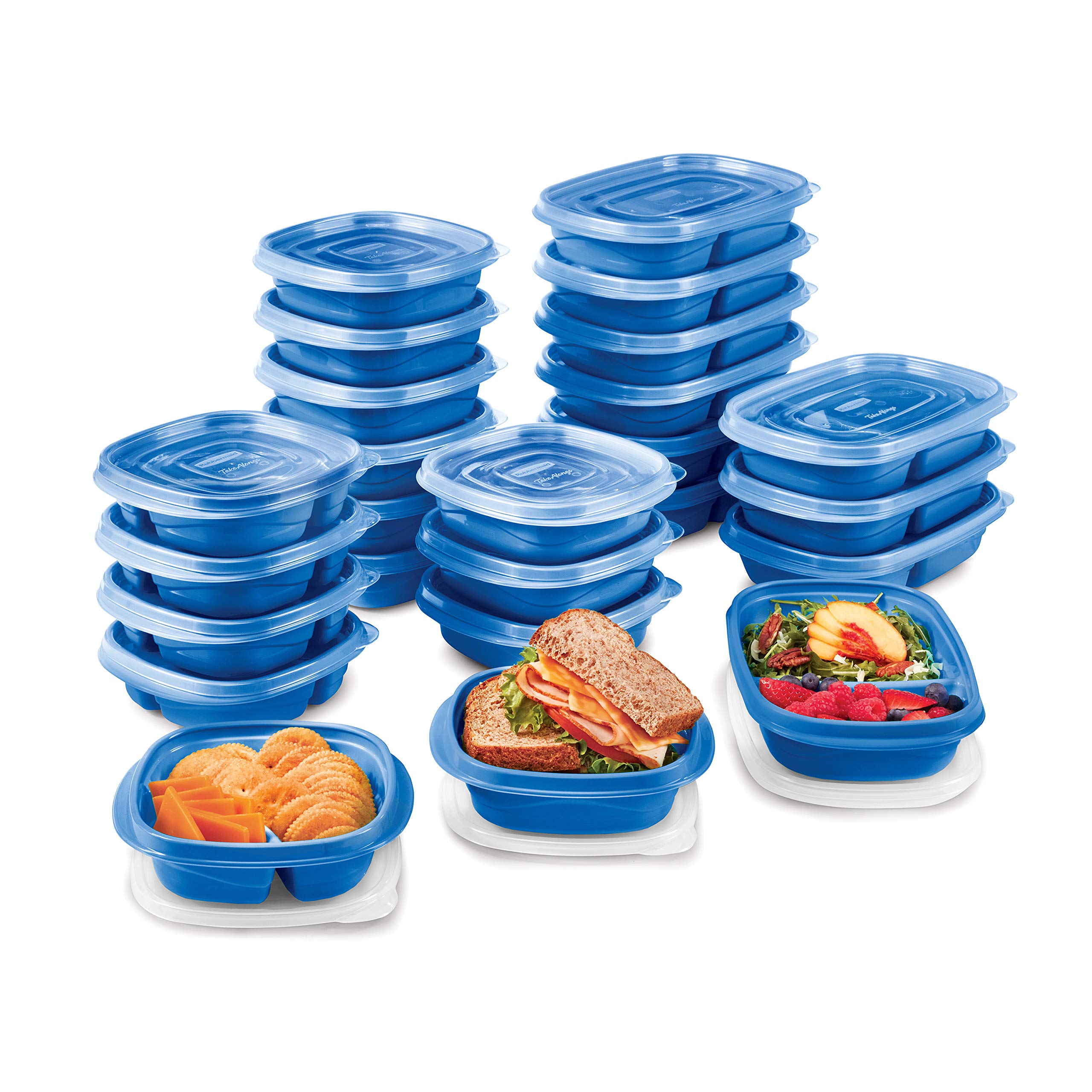 Rubbermaid front packaging showing marine blue bases and clear lids for easy identification