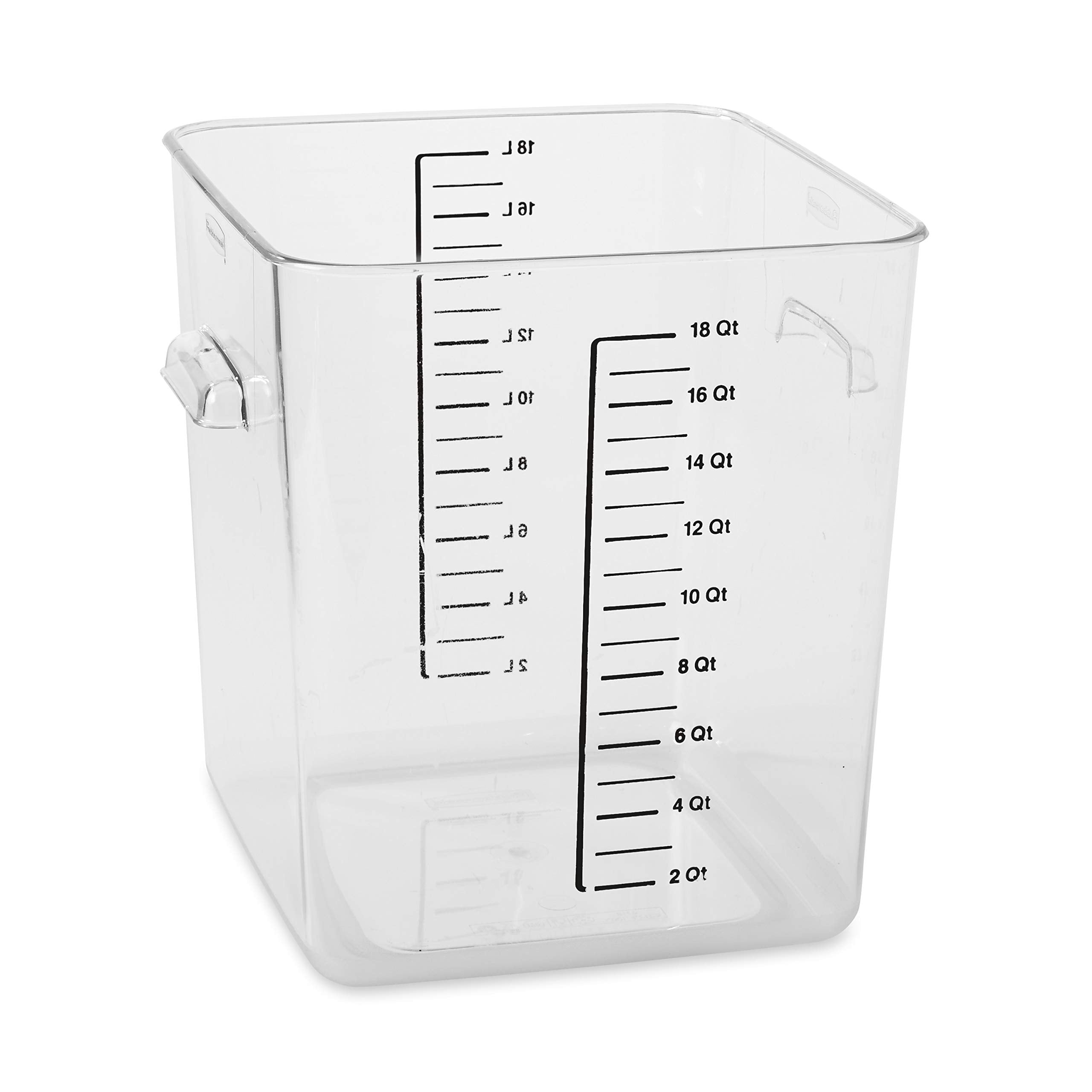 Rubbermaid front view showing clear 18-quart container and durability benefit