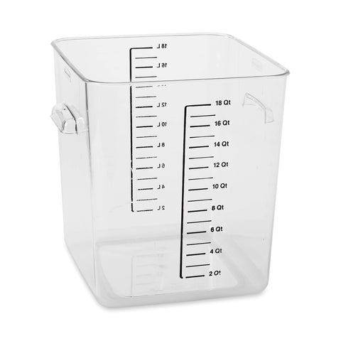 Rubbermaid front view showing clear 18-quart container and durability benefit