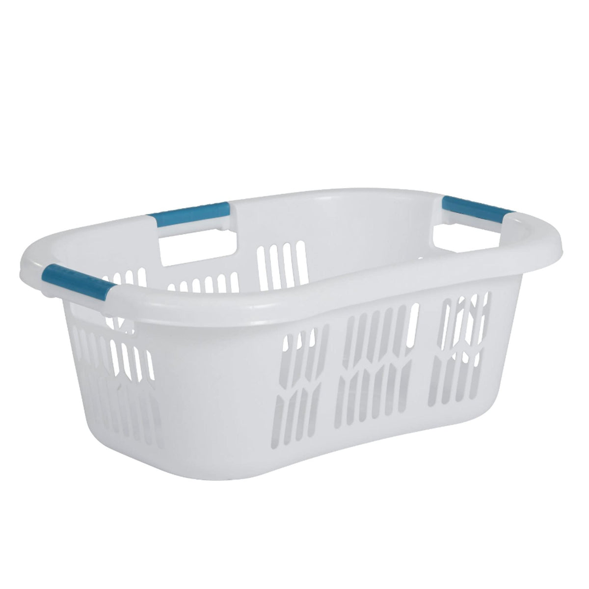 Rubbermaid front view showing basket shape and blue handles for easy carrying