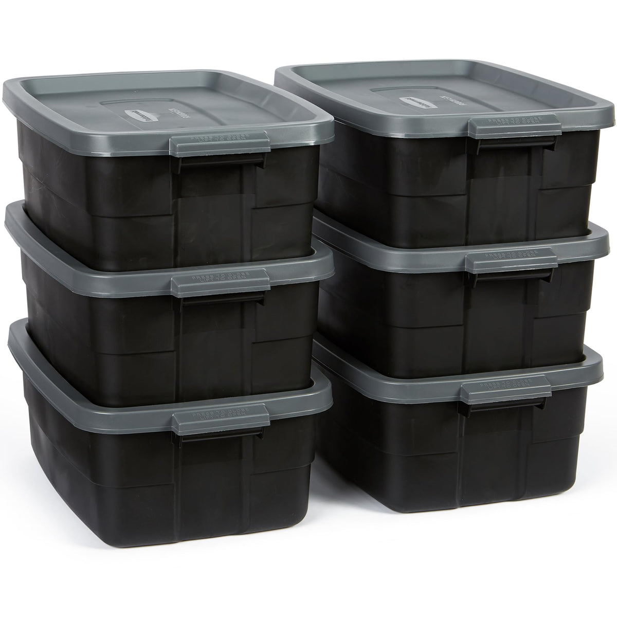 Rubbermaid front view of six-pack totes showing durable storage