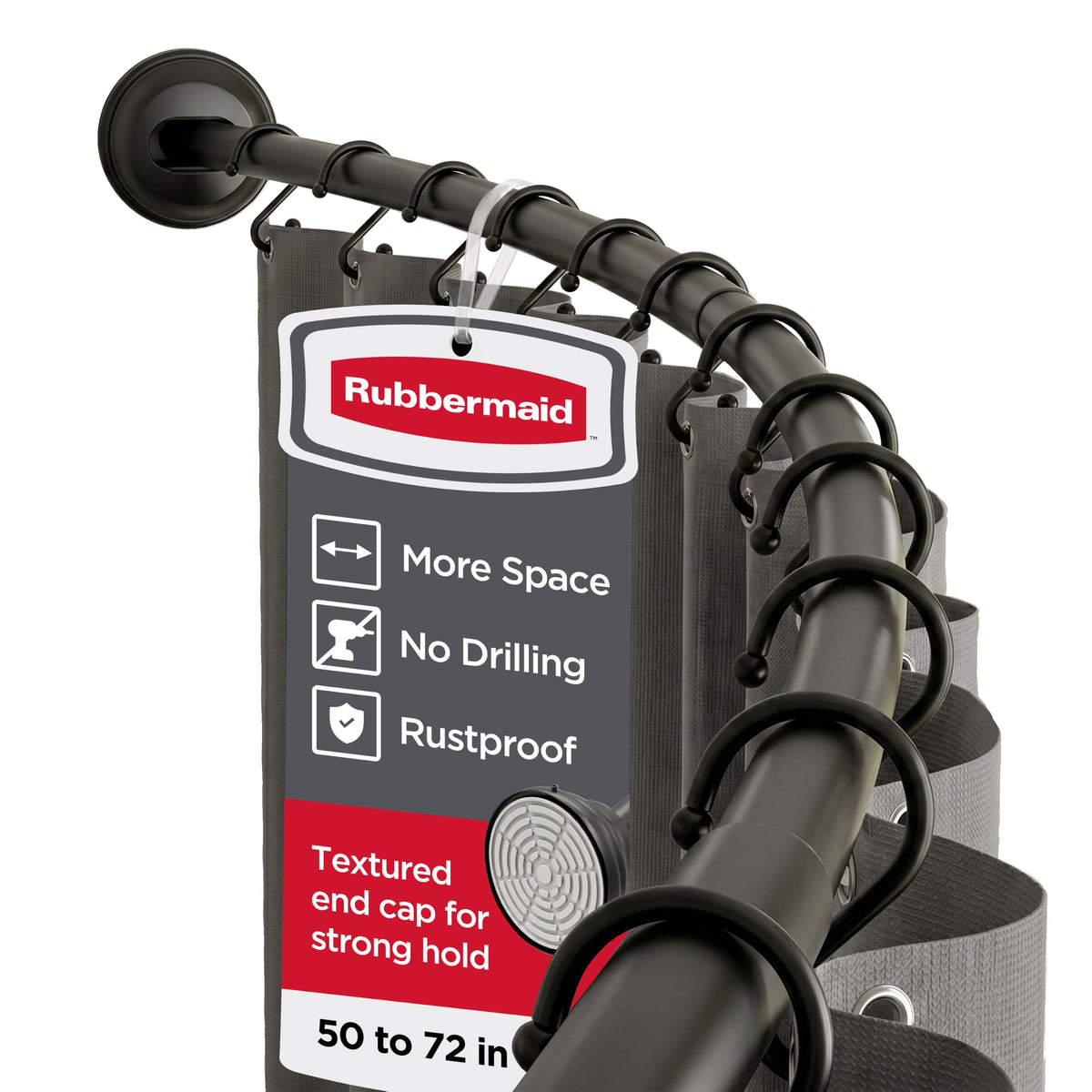 Rubbermaid front view rod installed showing extra shower space benefit