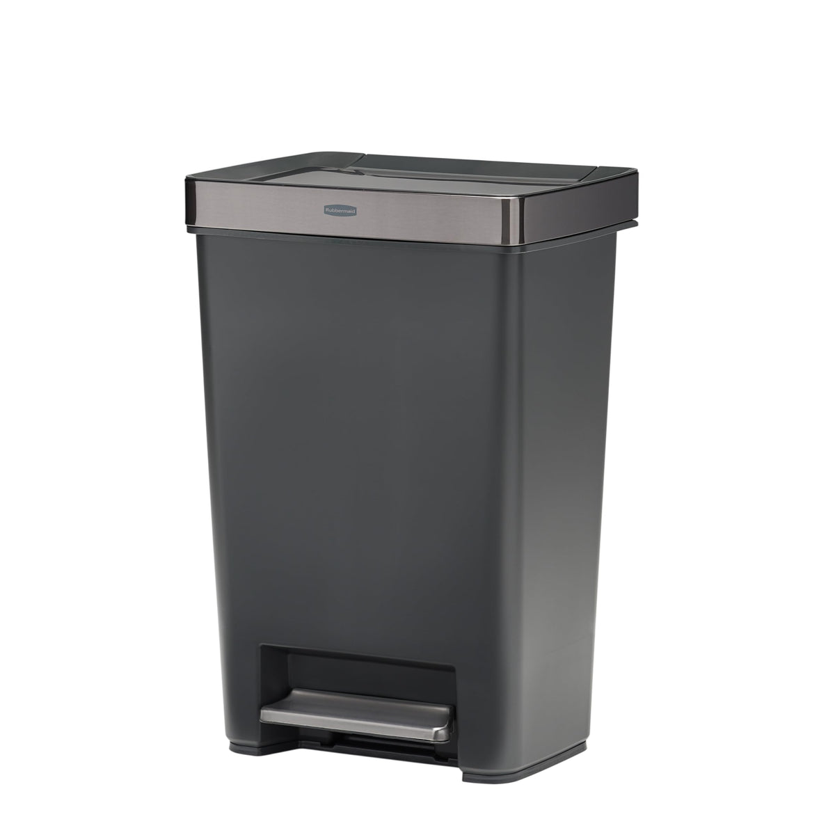 Rubbermaid front view with stainless-steel lid showing modern appeal