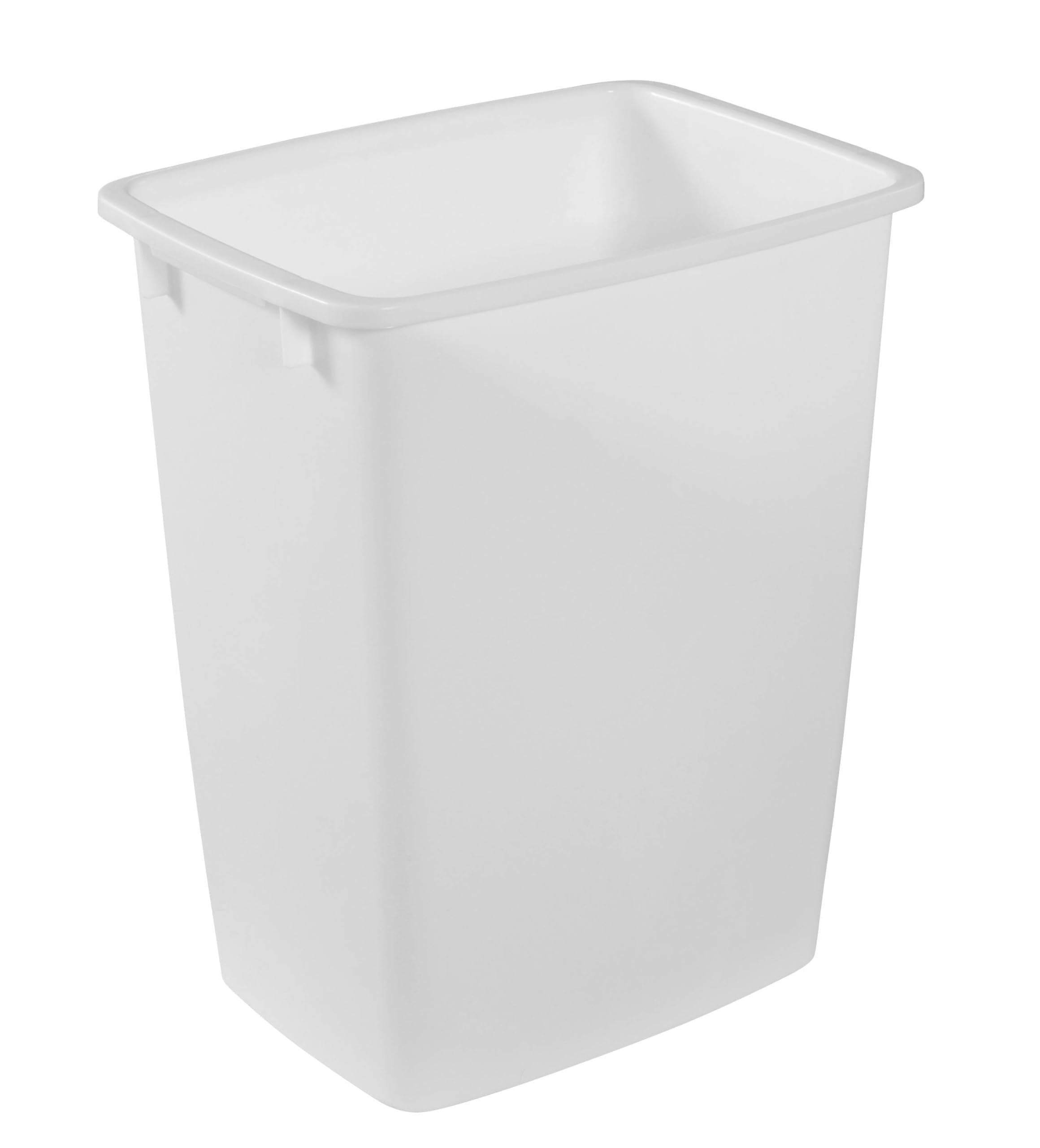 Rubbermaid front view of white trash can showing slim rectangular shape and capacity